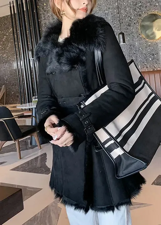 Fur Collar Tie Waist Leather And Fur Coats