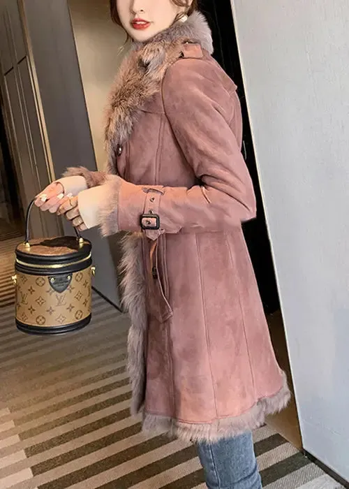 Fur Collar Tie Waist Leather And Fur Coats