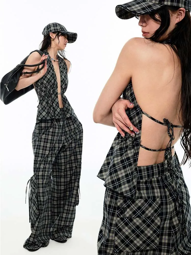 Gradient Plaid Pattern Wide Leg Cargo Pants【s0000009142】