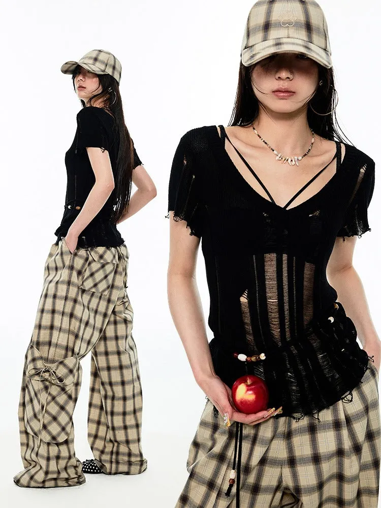Gradient Plaid Pattern Wide Leg Cargo Pants【s0000009142】