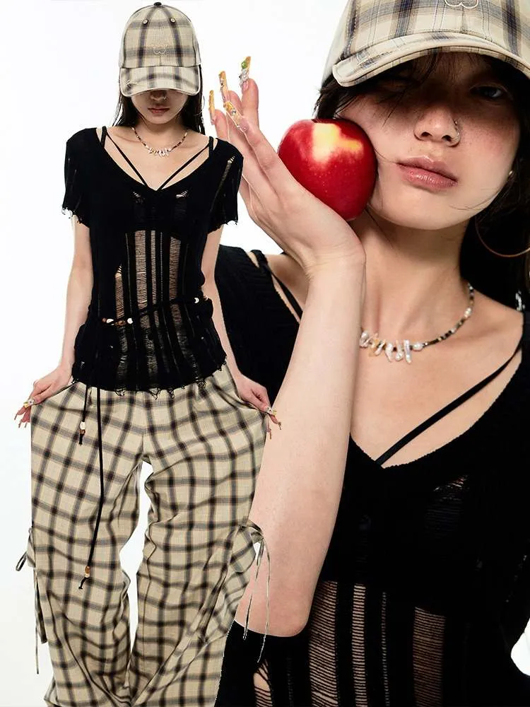 Gradient Plaid Pattern Wide Leg Cargo Pants【s0000009142】