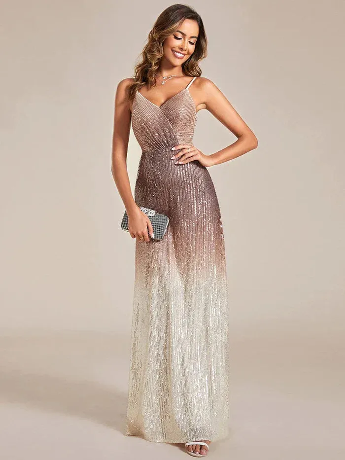 Gradient Sequin Spaghetti Strap V-Neck Long Evening Dress