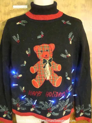 HAPPY HOLIDAYS Plaid Bear Light Up Ugly Christmas Jumper