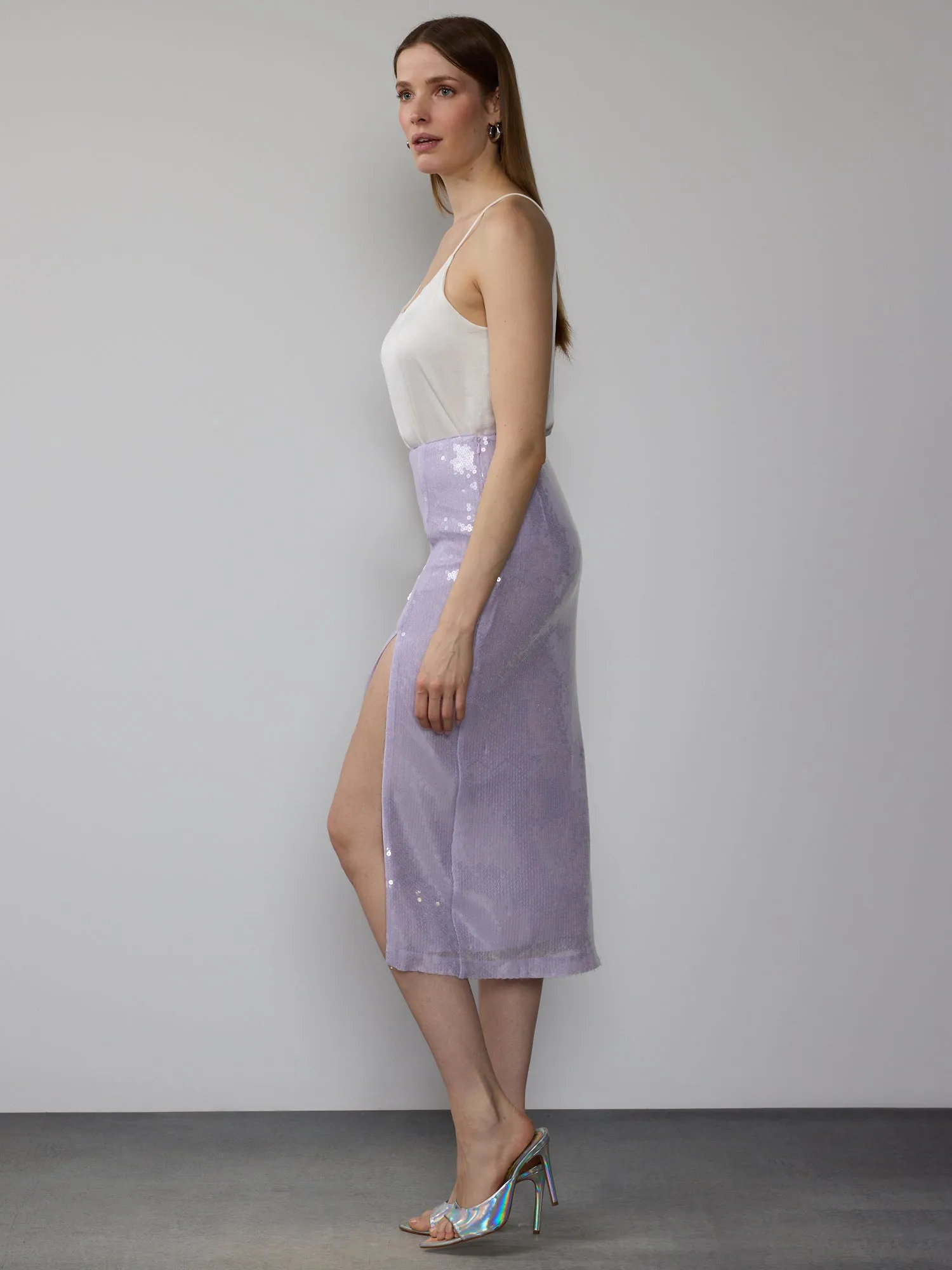 High Slit Sequin Midi Skirt