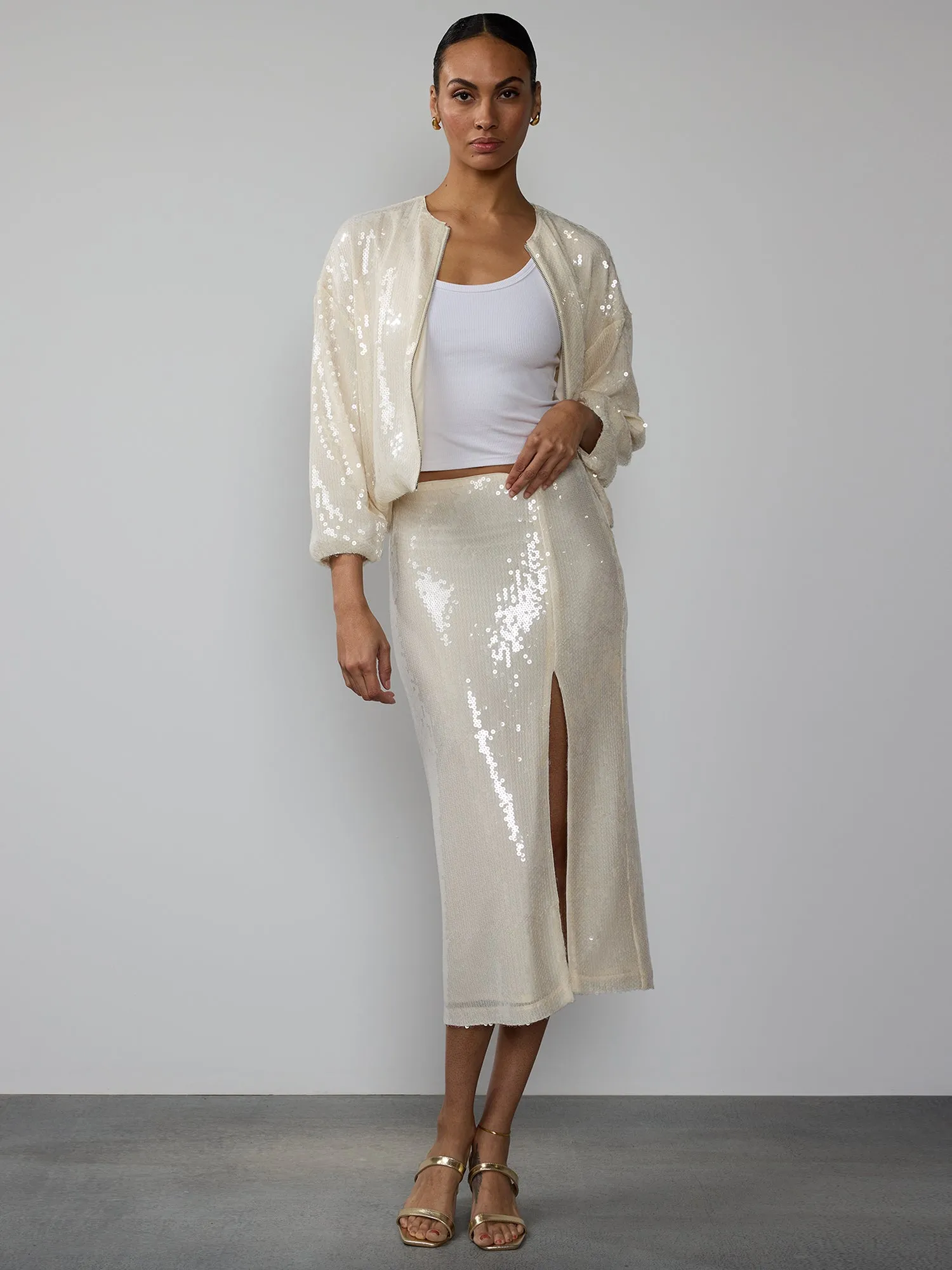 High Slit Sequin Midi Skirt