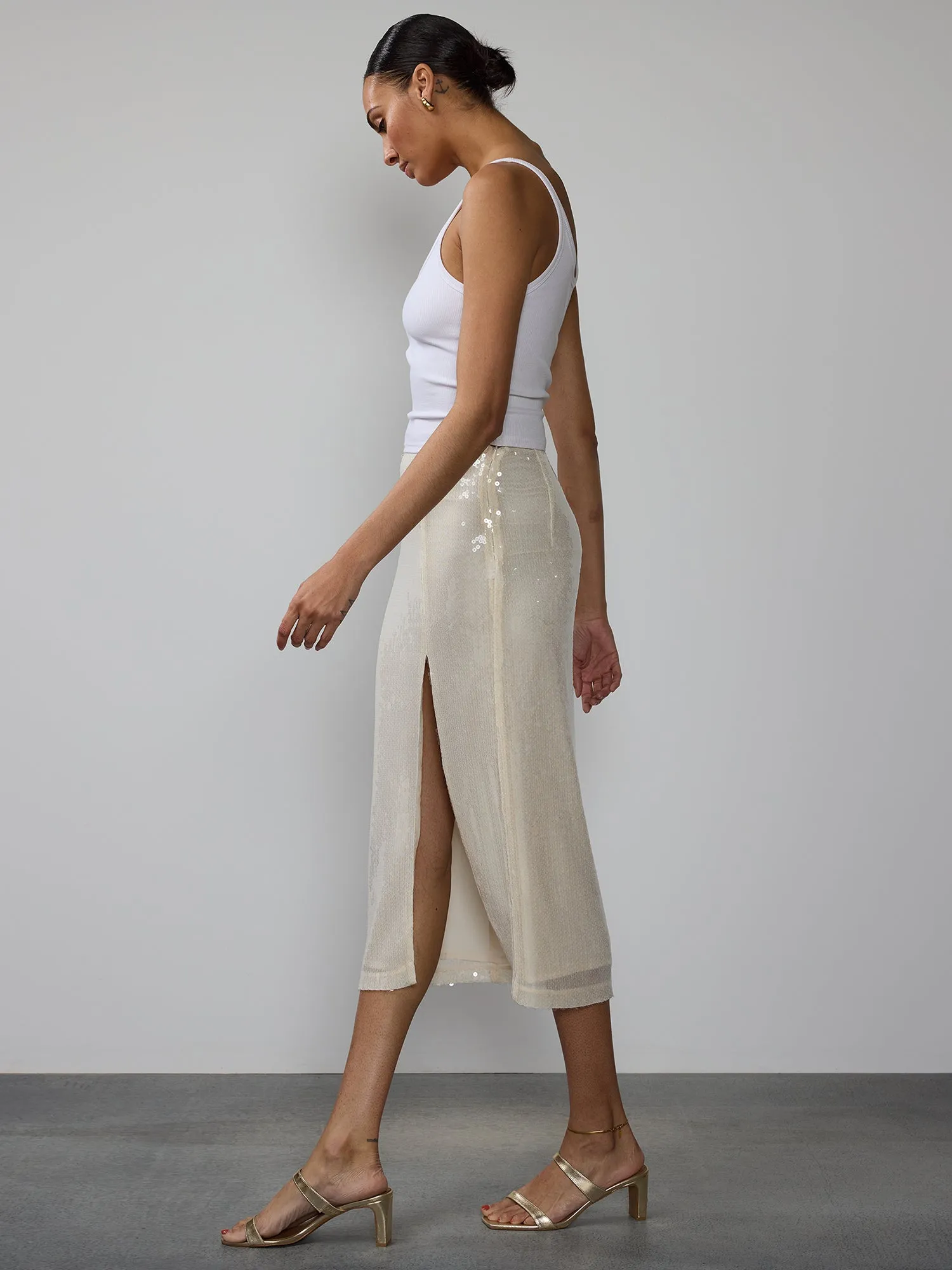 High Slit Sequin Midi Skirt
