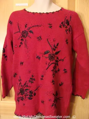 Horrible Red 80s Festive Christmas Sweater with Black Flowers