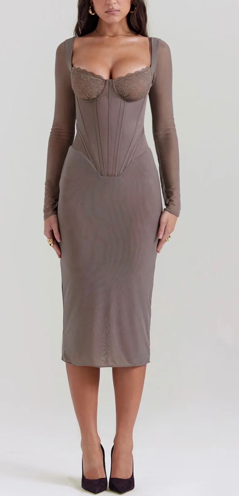 House of CB Safran Mocha Corset Midi Dress