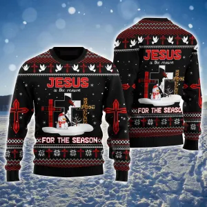 Jesus Is The Reason For The Season Ugly Sweater, Snowman & Cross Black Sweater, Perfect Gift For Christian