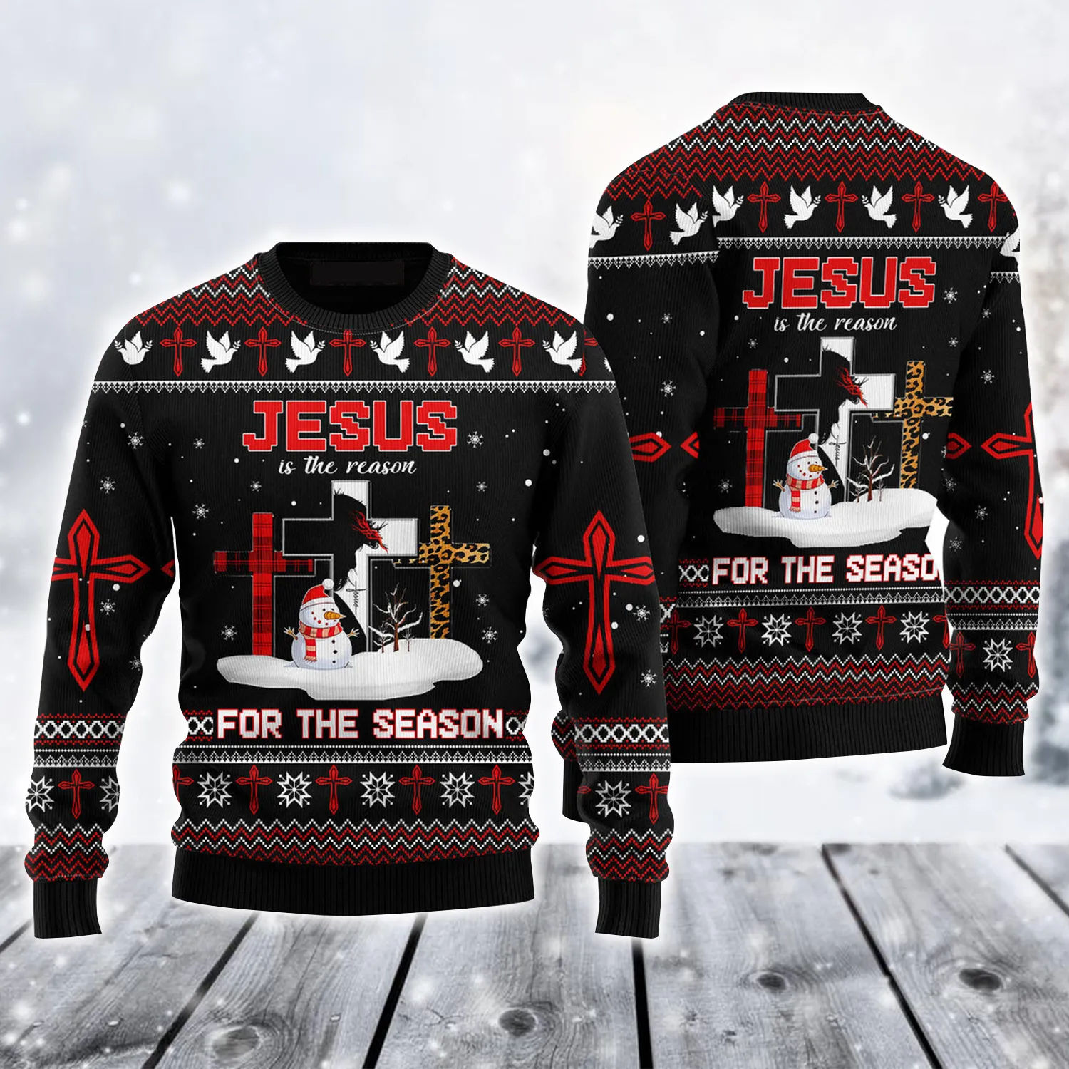 Jesus Is The Reason For The Season Ugly Sweater, Snowman & Cross Black Sweater, Perfect Gift For Christian