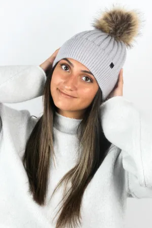 Knit Beanie with Faux Fur Pom-ABB37