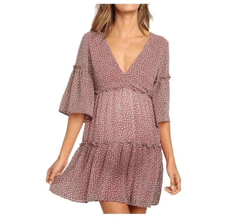 Maternity V-Neck Ruffle Skirt Dress