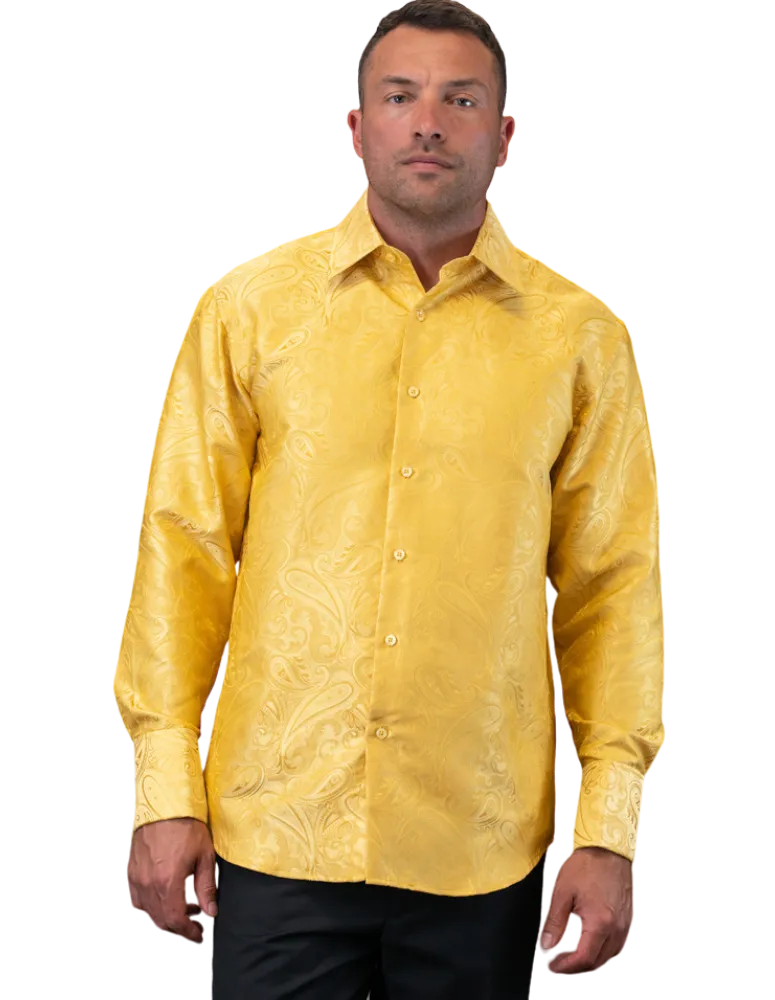 Men's Gold Casual Long Sleeves Shirt With Cufflink Regular-Fit