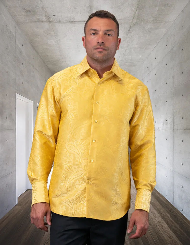 Men's Gold Casual Long Sleeves Shirt With Cufflink Regular-Fit