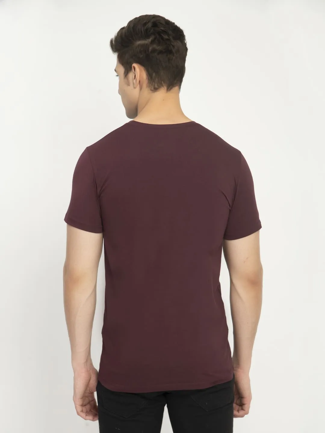 Men's Wine Solid Crew Neck T-Shirt