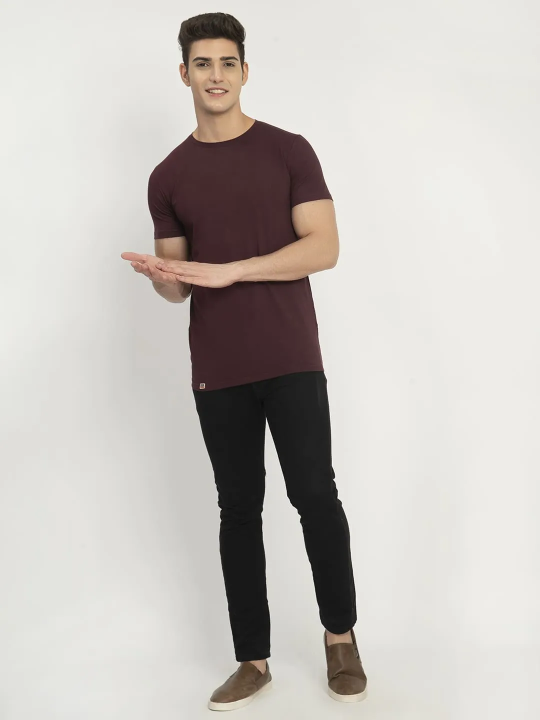 Men's Wine Solid Crew Neck T-Shirt