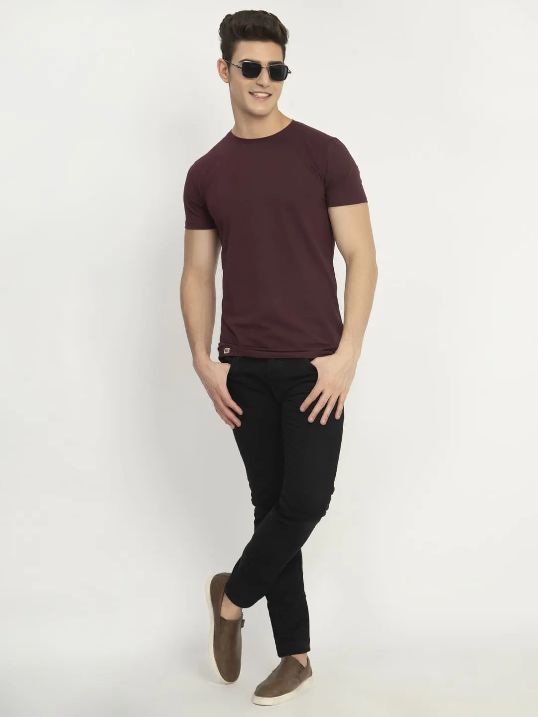 Men's Wine Solid Crew Neck T-Shirt
