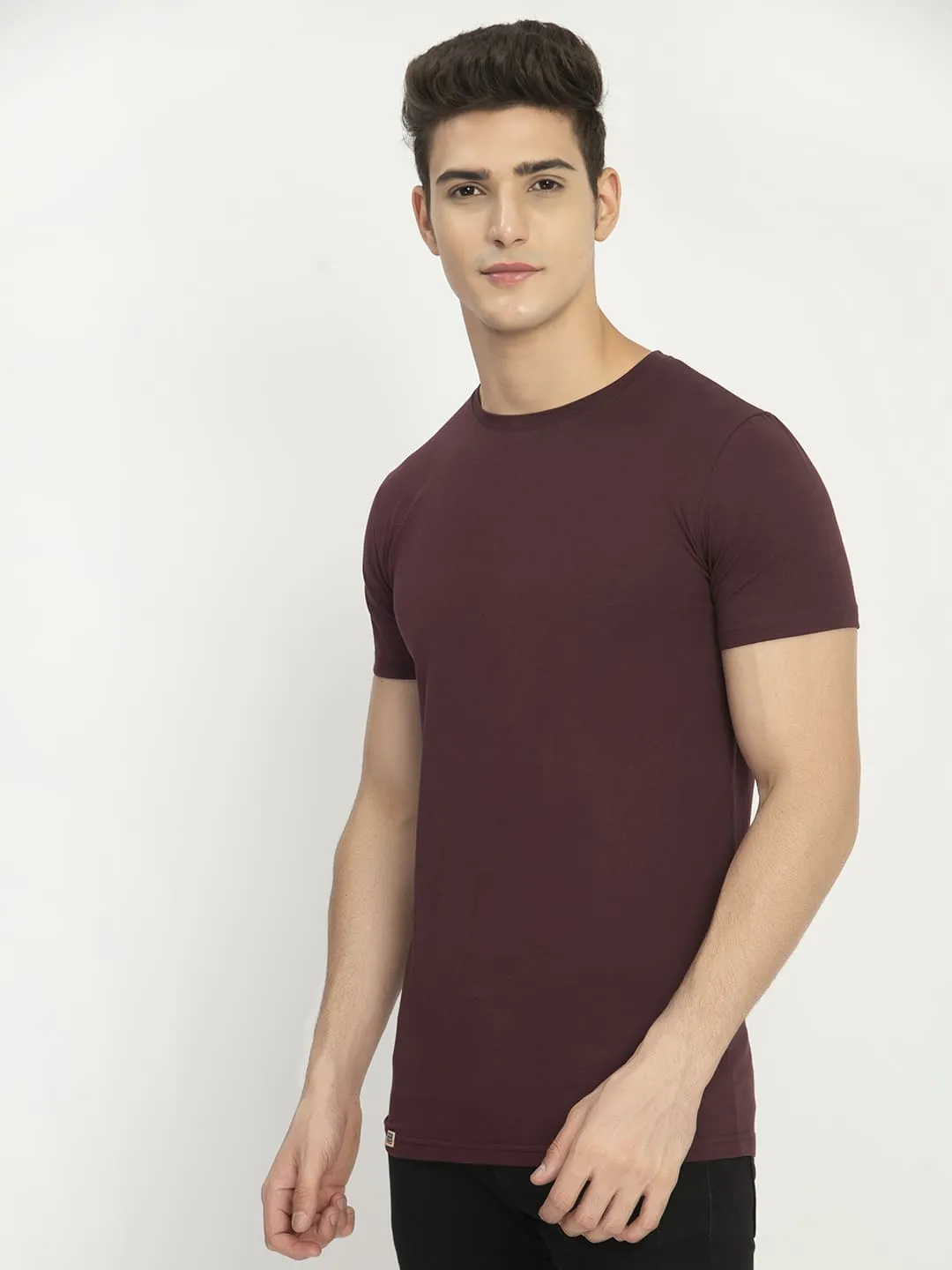 Men's Wine Solid Crew Neck T-Shirt