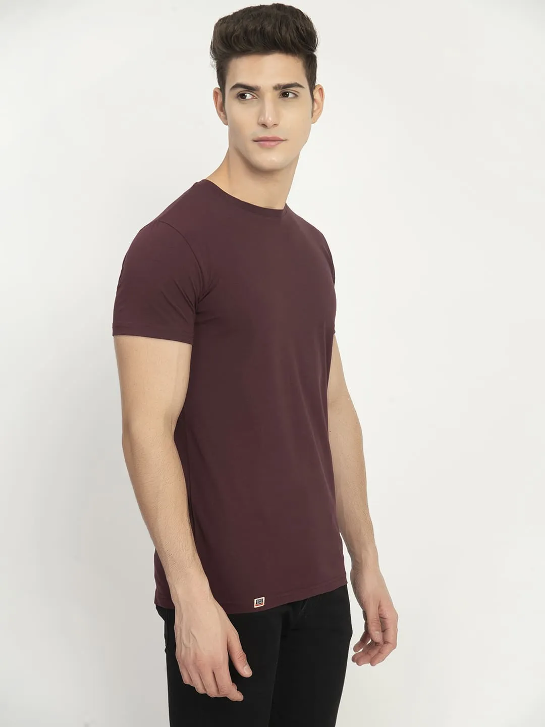 Men's Wine Solid Crew Neck T-Shirt