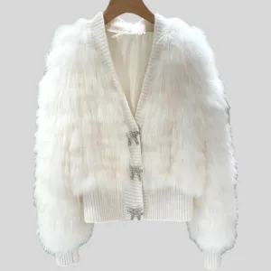 Natural Fur V Neck Raccoon Fur Warm Puff Sleeve Jacket