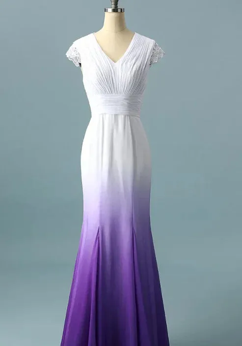 Off Sleeves Backless A-line V neck Gradient Prom Dress