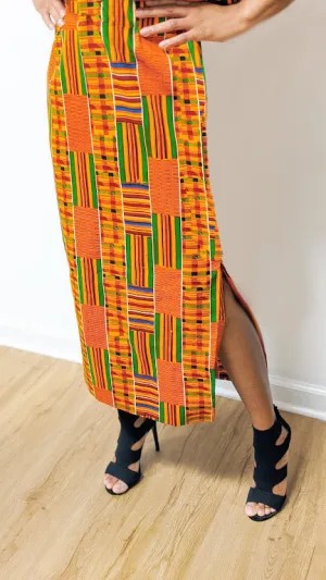 Ofi Kente Afircan Print Cotton Midi Skirt-DP3227WTSK