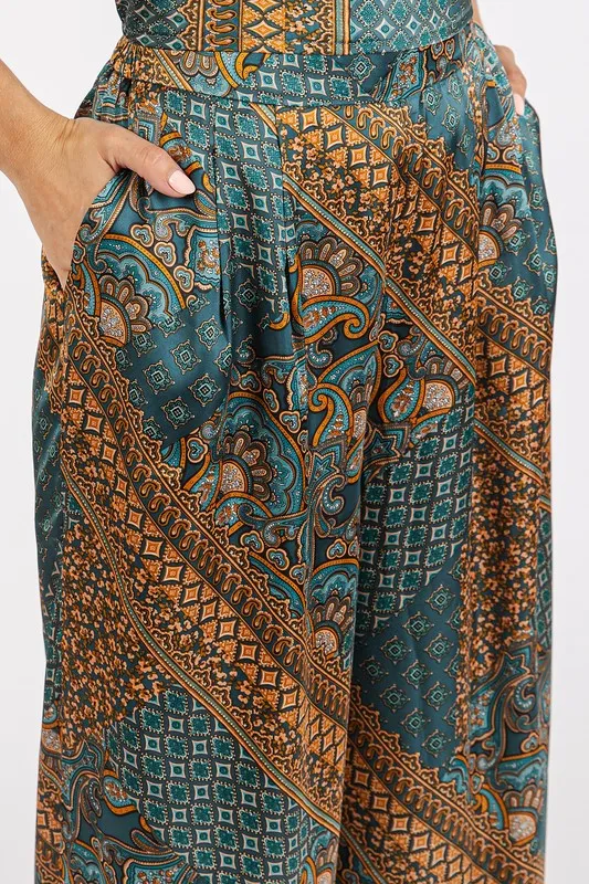 Paisley Patchwork Satin Wide Leg Pants