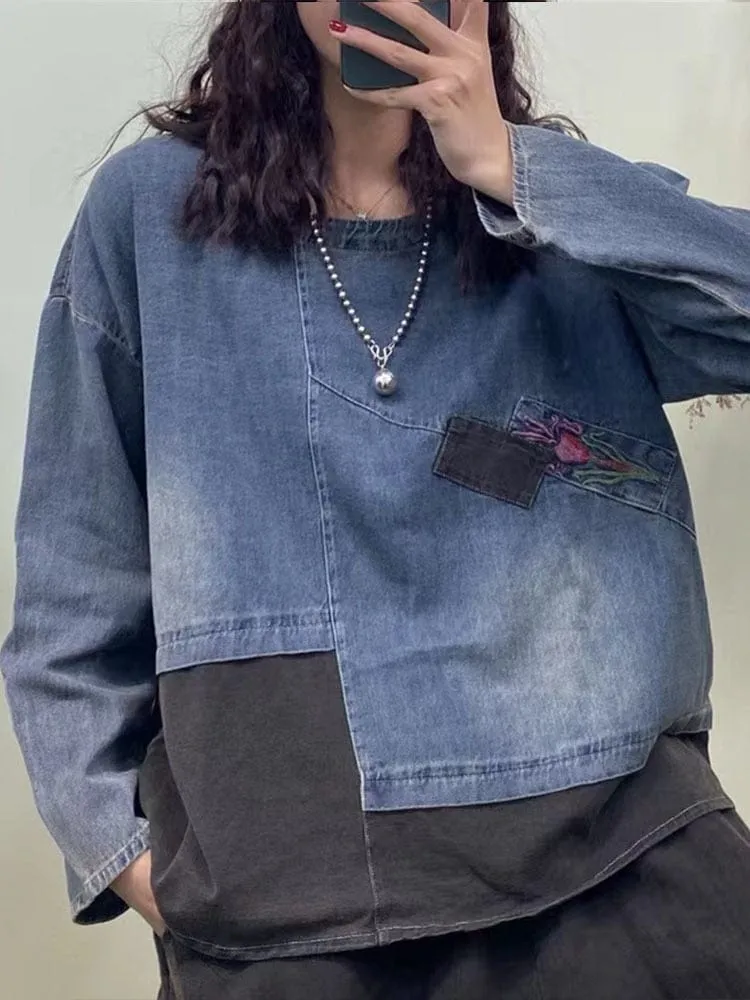 Patchwork Denim Cotton T-Shirt