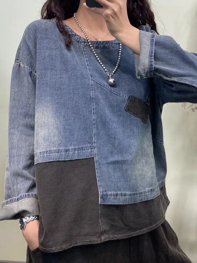 Patchwork Denim Cotton T-Shirt