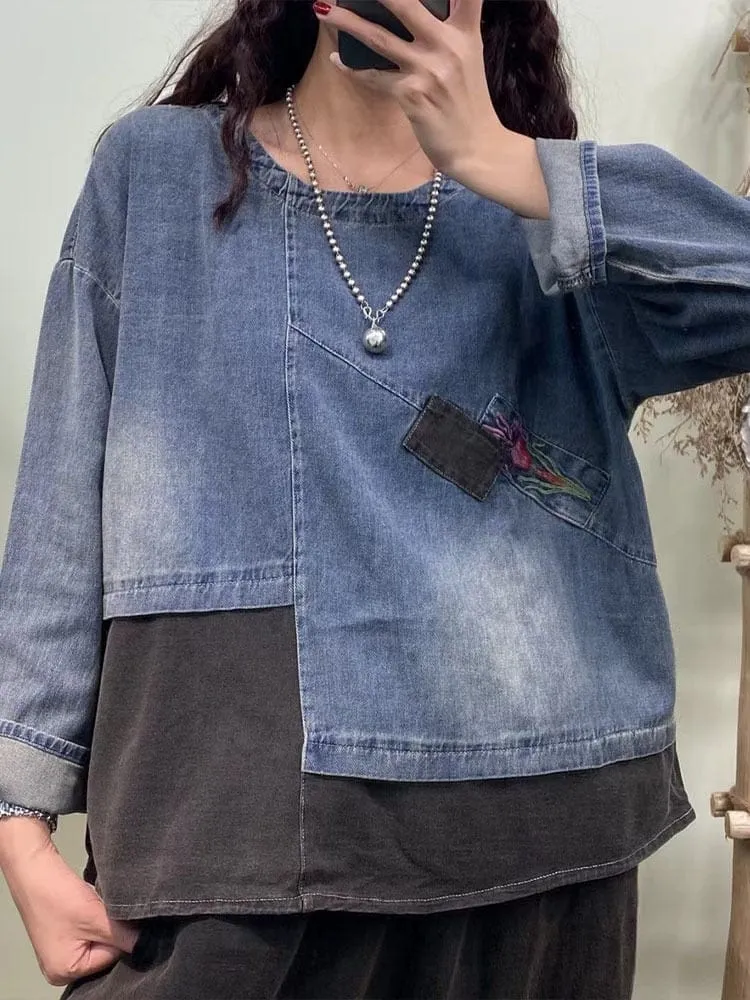 Patchwork Denim Cotton T-Shirt