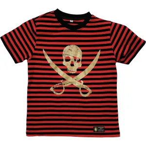 Pirates Press Records - Pirate Logo - Gold on Red & Black Striped  - 15 Year Tag - T-Shirt - Youth