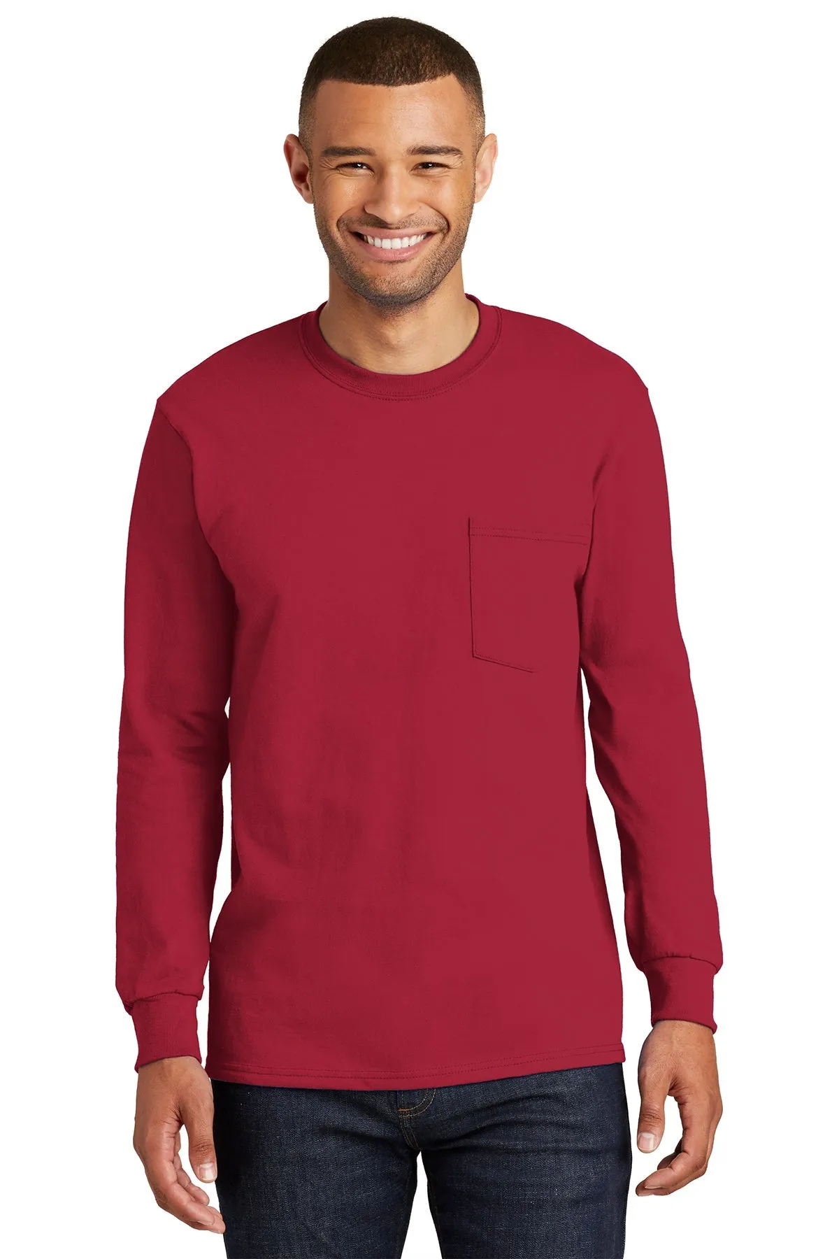 Port & Company Tall Long Sleeve Customized Essential Pocket Tee's, Red