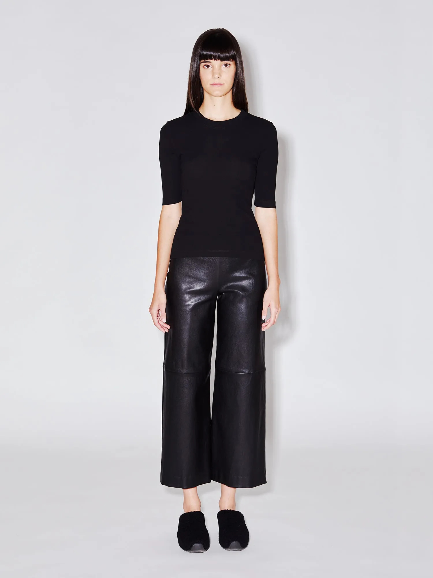 Pull On Cropped Straight Leather Pant