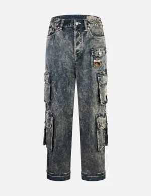 Seagull Print and Multi-Pockets Acid Wash Baggy Cargo Jeans