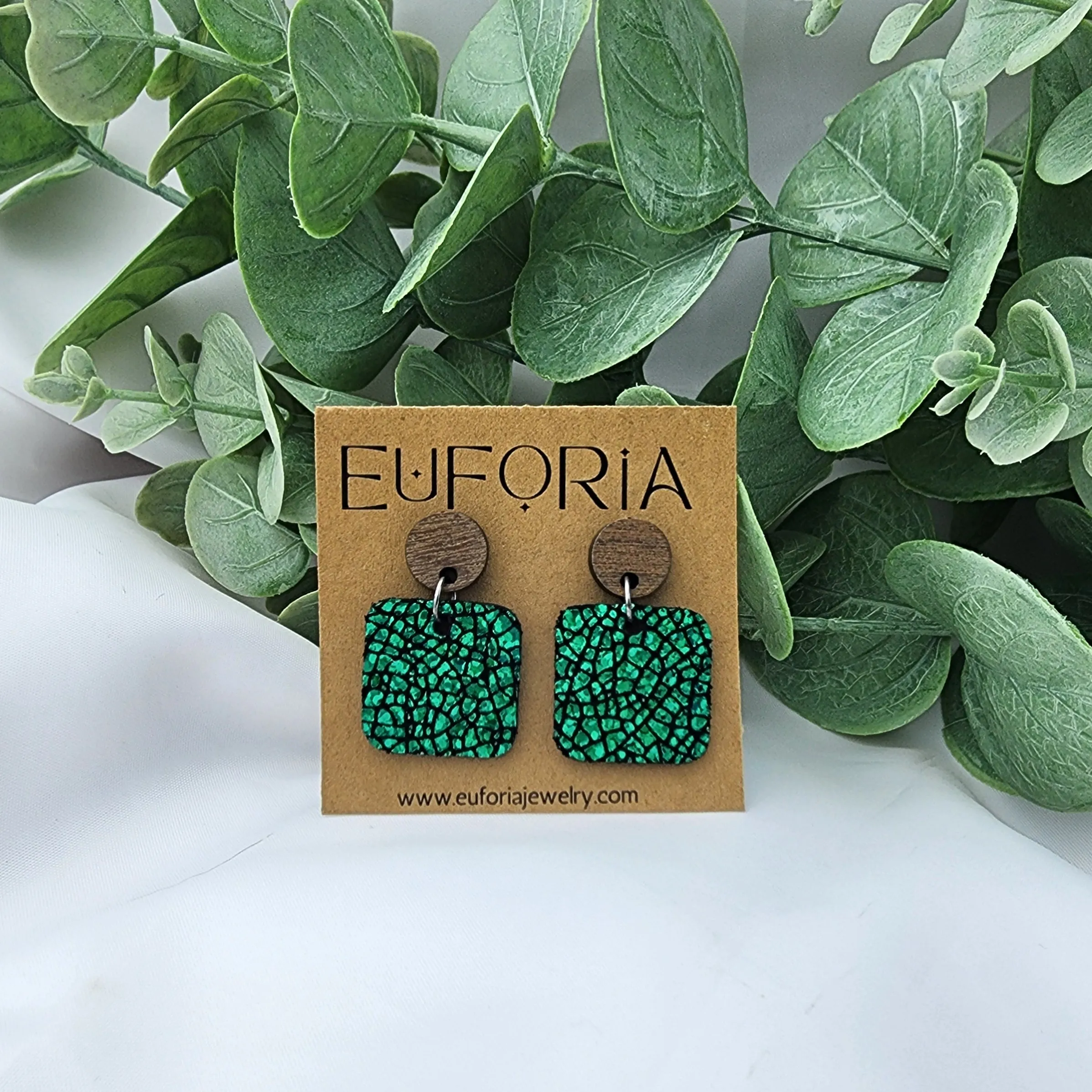 Small Square Leather Earrings - Emerald Cracked Metallic Halo