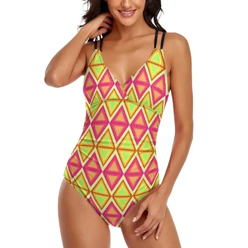 Swim Stylishly in our Funky Vibrant Geometric One Piece Swimsuit