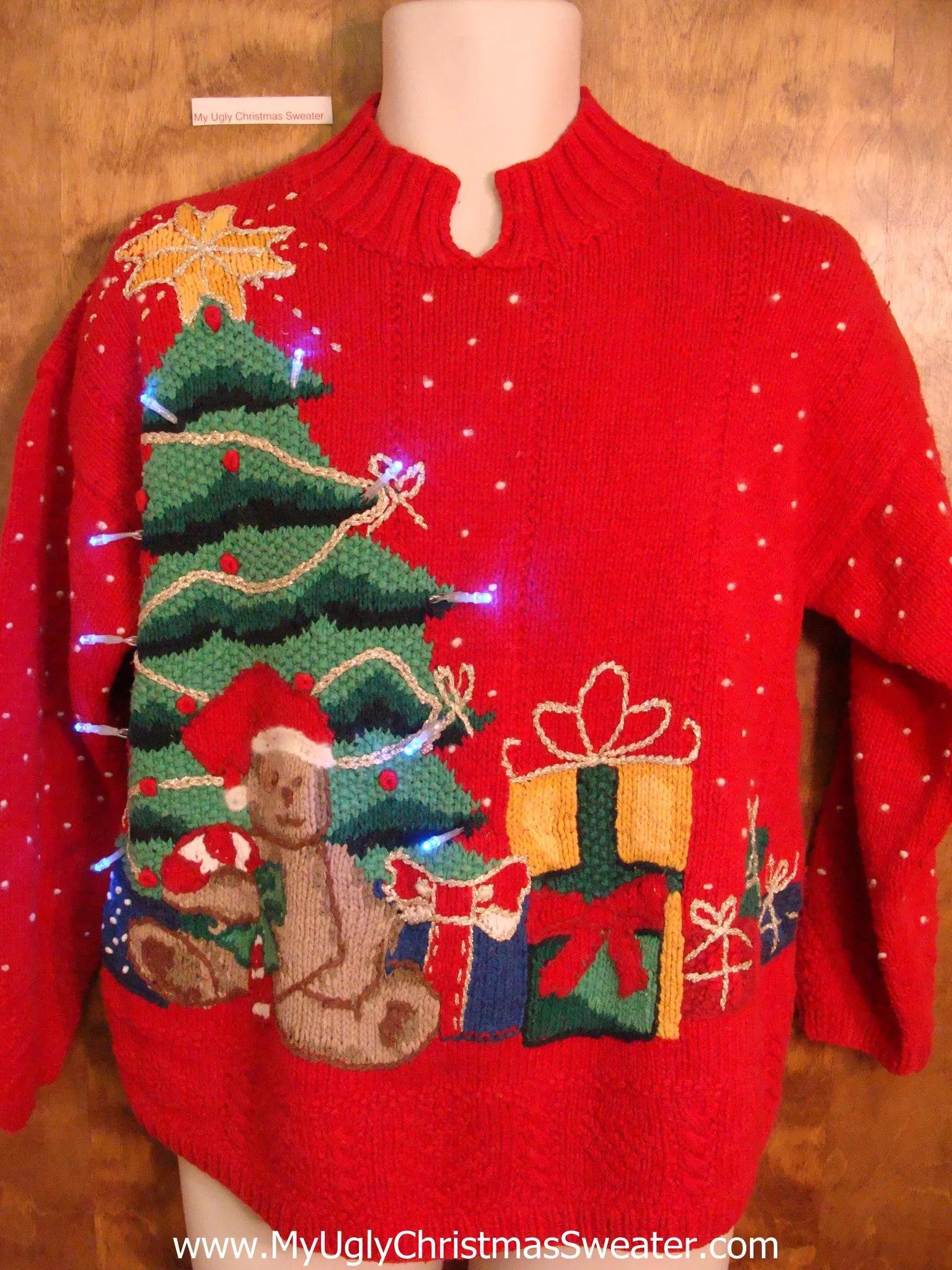 Tacky Red Xmas Sweater with Tree, Teddy Bear and Lights