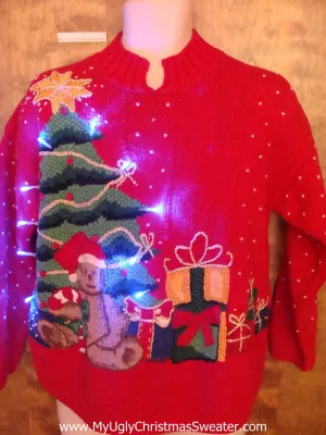 Tacky Red Xmas Sweater with Tree, Teddy Bear and Lights