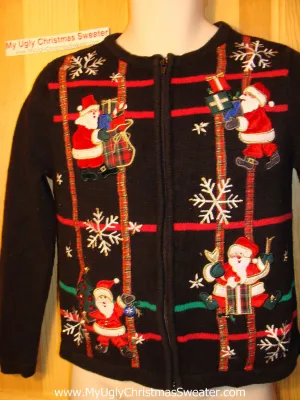 Tacky Ugly Christmas Sweater with Grids of Santas, Snowflakes and Gold Thread Bling Accents   (f132)