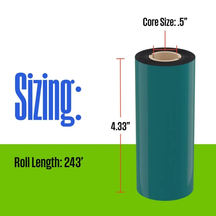Thermal Transfer Ribbon, Black, 24 Rolls, 0.5 Inch Core, 4.33" x 243'
