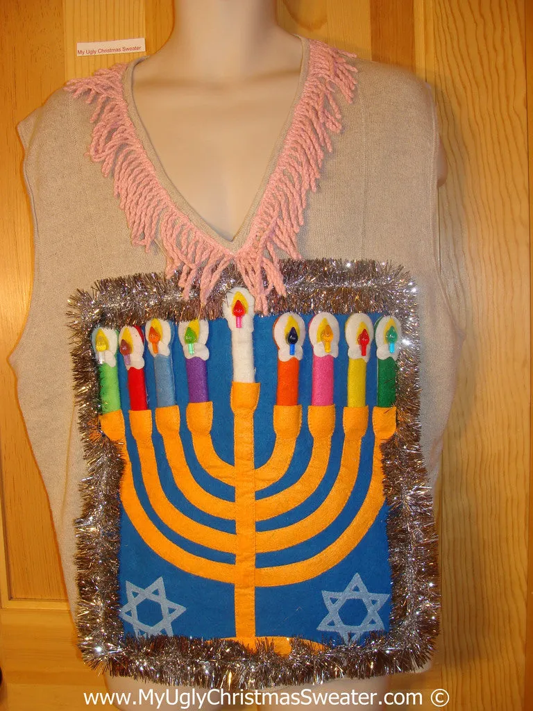 Ugly Christmas Sweater Party Hanukkah Sweater Vest with  Menorah (j313)