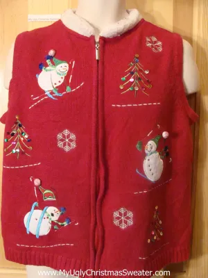 Ugly Christmas Sweater Vest Skiing Snowmen Bling Trees