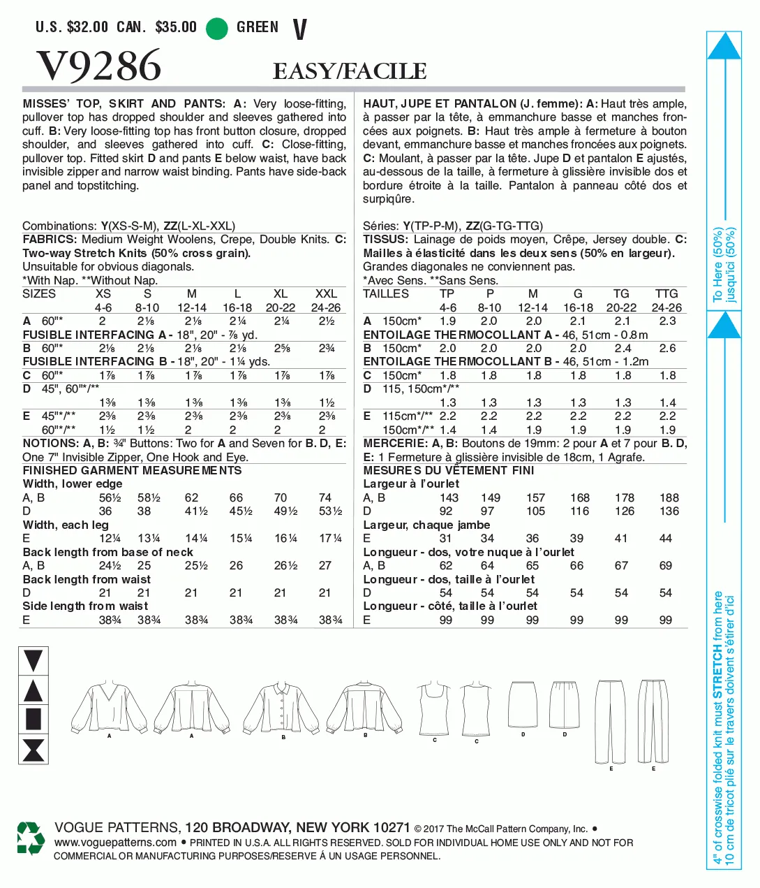 Vogue Pattern V9286 Misses' Tops, Straight Skirt, and Pants