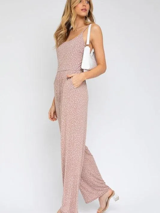 Weekend Getaway Wide Leg Jumpsuit in Spotted Mauve