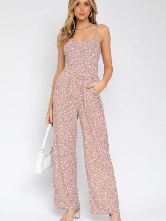 Weekend Getaway Wide Leg Jumpsuit in Spotted Mauve