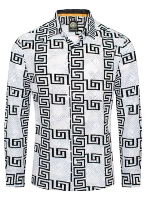 White and Black Men's Greek Key Design Long Sleeves Shirt Style No-1876