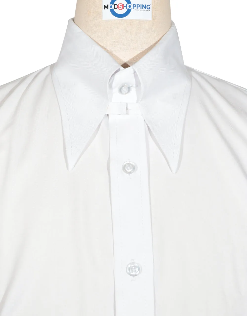 White Herringbone Tab Collar Shirt