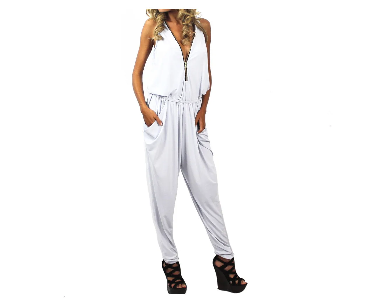 White Zipper Front Jumpsuit - The Fifth Avenue