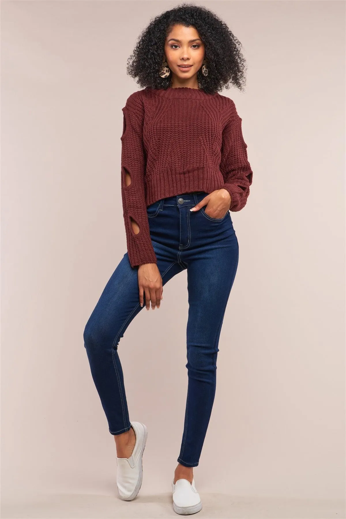 Wine Round Neck Long Cut-Out Detail Sleeve Cable Knit Cropped Sweater /4-2