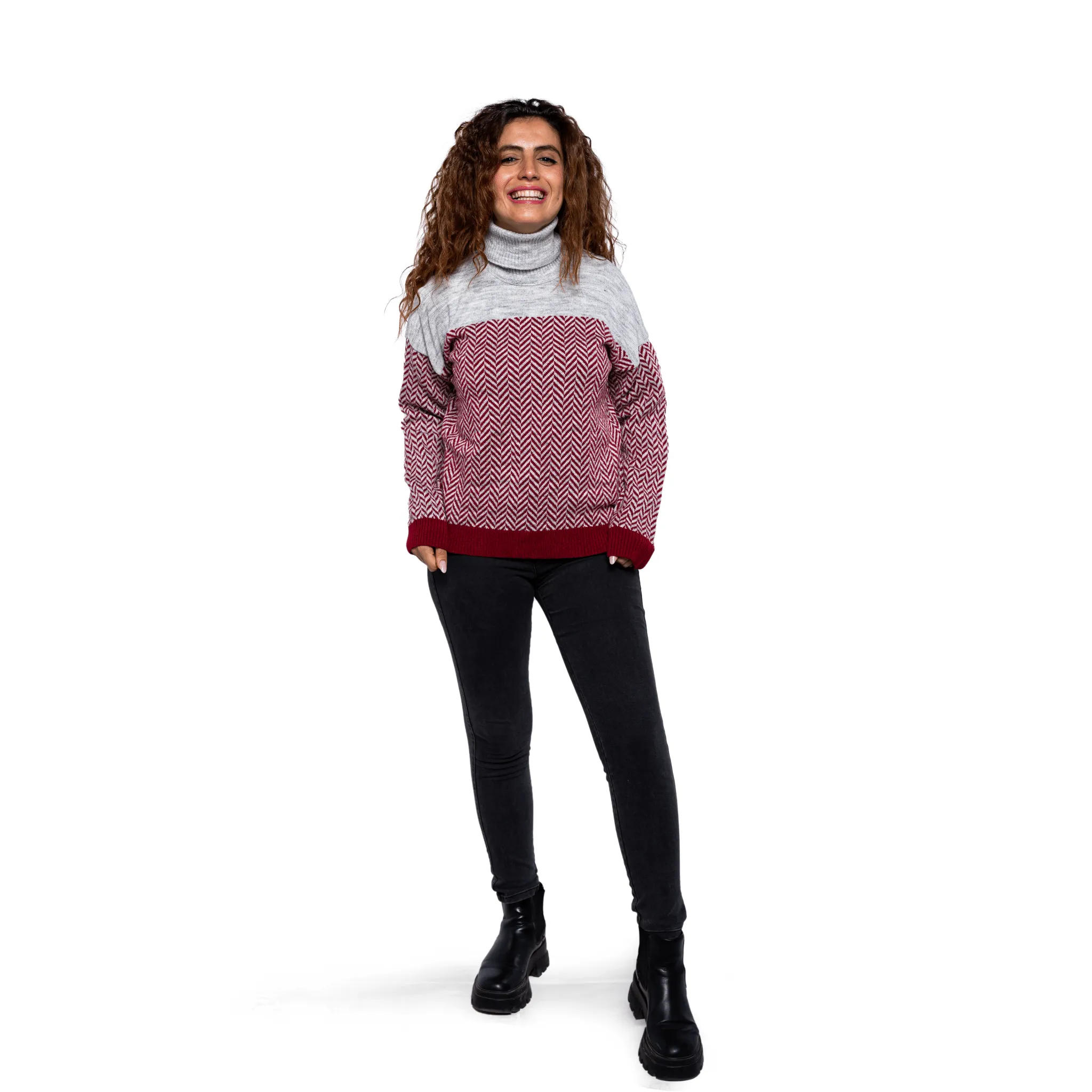 Women High Collar Pullover - Burgundy